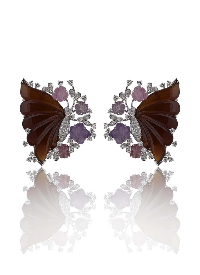 Mirari Butterfly Pavilion earrings with deep red butterfly wings that contrast beautifully with the pastel-coloured flowers and glittering diamonds.